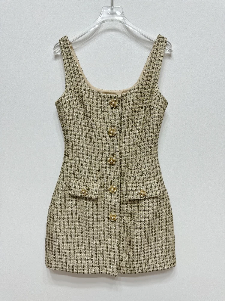 Small fragrance coarse knitted autumn and winter women's two-piece set dress, gold checkered woolen coat and rice skirt