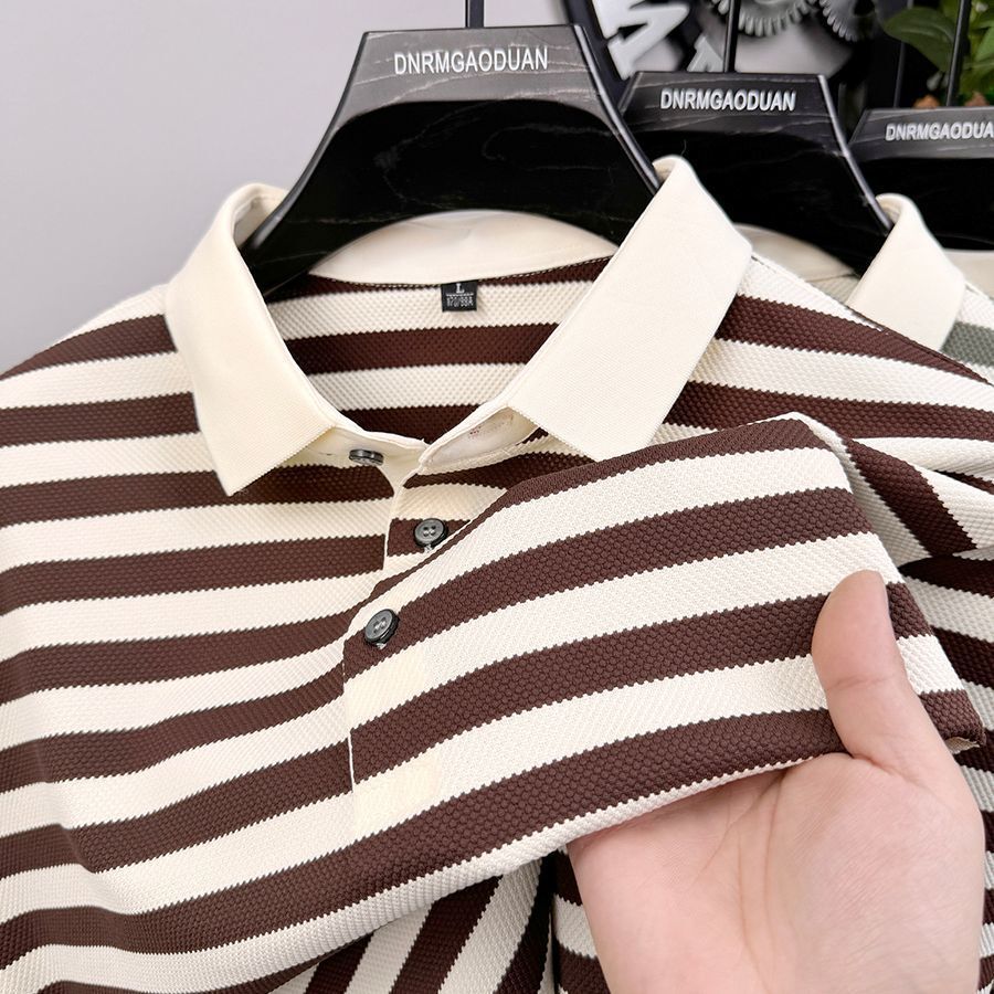 Luxury Brand Designer Clothes 2025 New Striped Light Luxury Casual Mens Short Sleeve Turn-Down Collar Polo Summer Trendy Mens High-End Shirt T-Shirt
