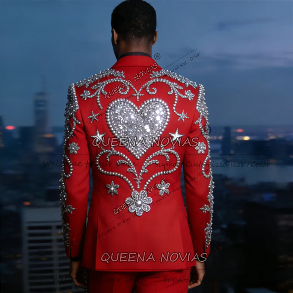 Exclusive Sliver Pearls Beaded Suit Men Slim Fit Single Breasted Jacket Pants 2 Piece Groom Banquet Tuxedos trajes para hombre 260106