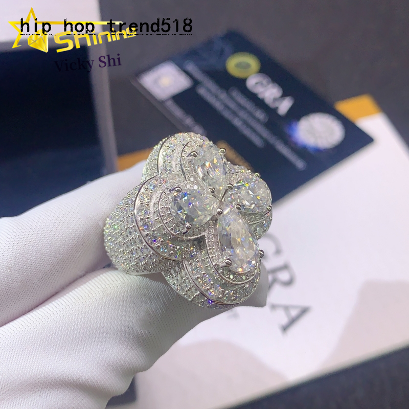 Fashion Luxury Rapper Hip Hop Rings 925 Sterling Silver Iced Out Clover Moissanite Diamond Ring Fine Jewelry