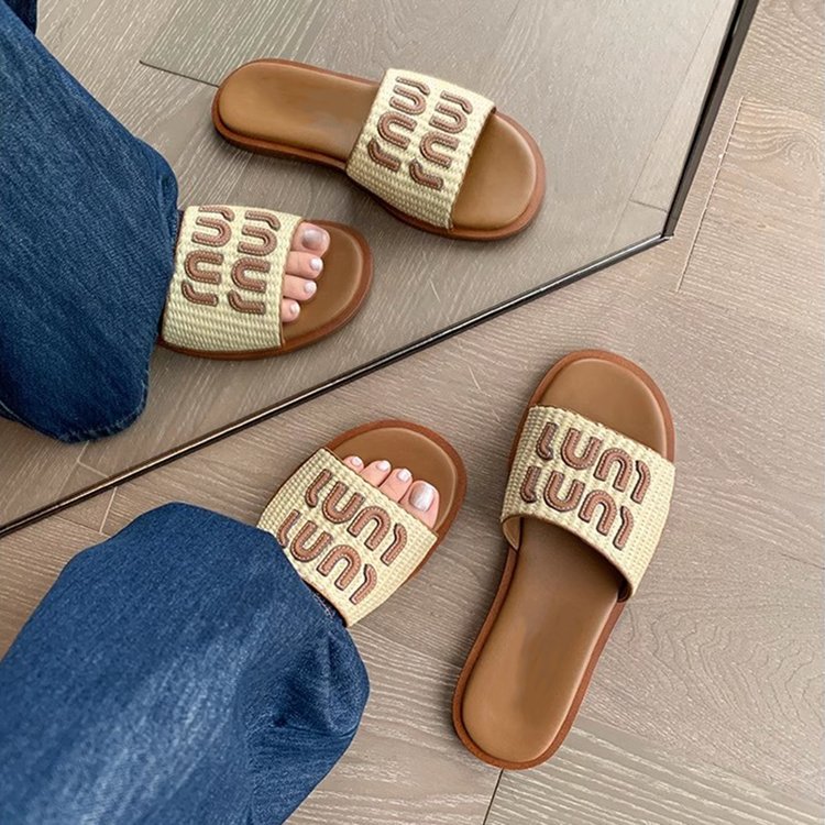 Free delivery Slippers Knitted linen one-piece slippers for outdoor wear flat beach slippers for vacation women's sandals