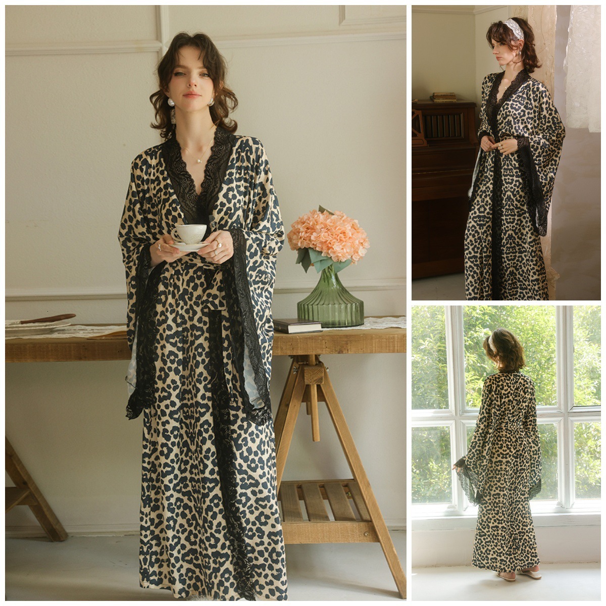 French retro style leopard print lace design satin women's nightgown winter new lace up waist lazy style sexy luxury nightgown