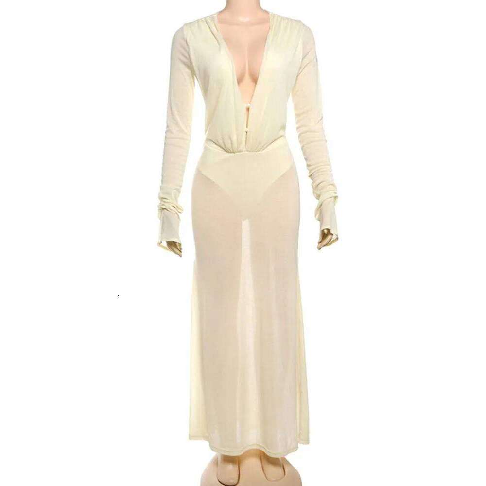 Mozision Deep Vneck Elegant Maxi For Women Autumn Bodycon Long Sleeve High Waist Slim Sexy Patchwork Club Party Dress