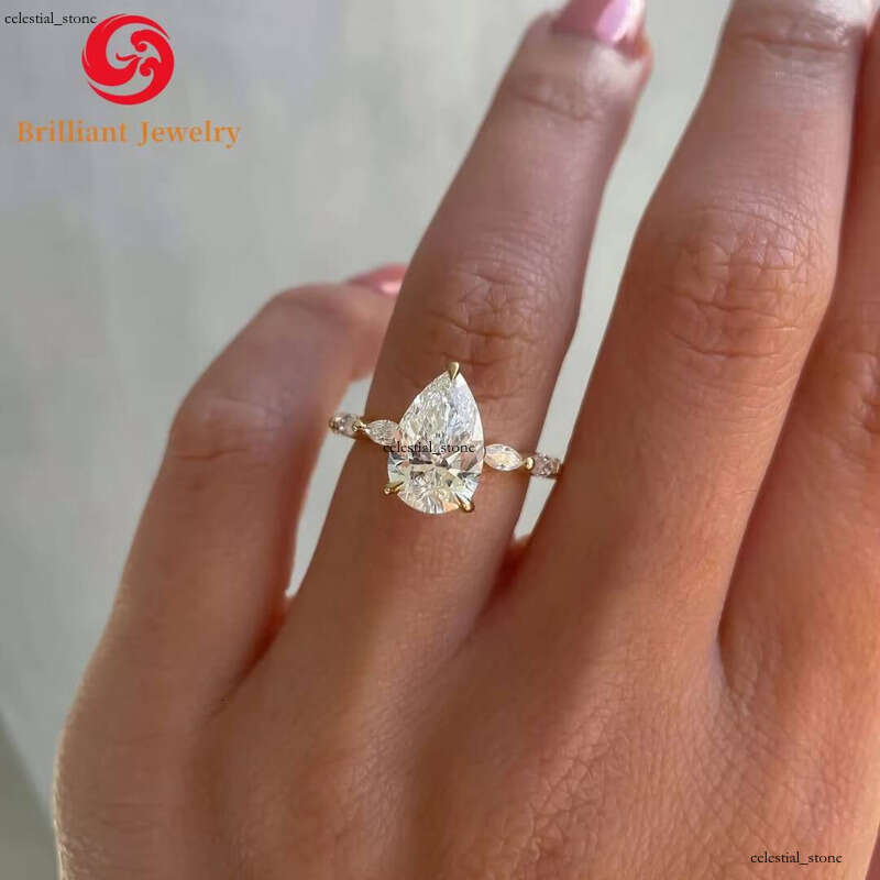 Solid 14K 18K Gold Mossanite Engagement Wedding Ring 7x 9mm 3CT VVS1 Pear Moissanite Factory Price