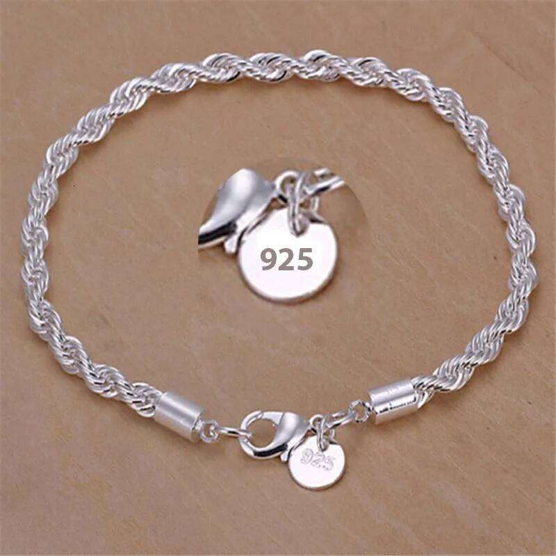 New High quality 925 Sterling 4MM Women Men chain Male Twisted Rope Bracelets Fashion Silver Jewelry
