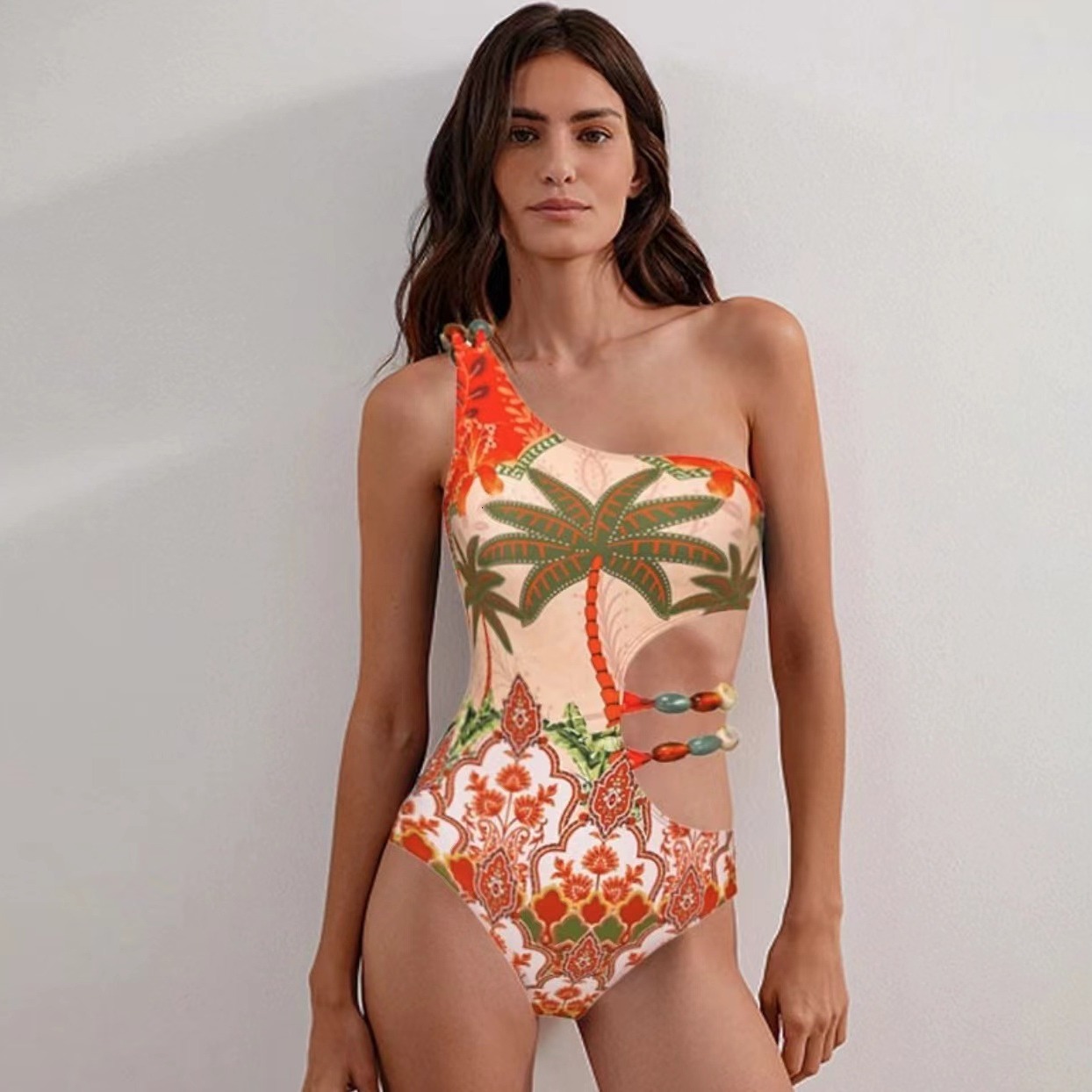 Coconut Tree Sexy Bikini One-Piece Swimsuit for Women One-Shoulder Backless Set Beachwear Push-Up Conservative Tummy Covering