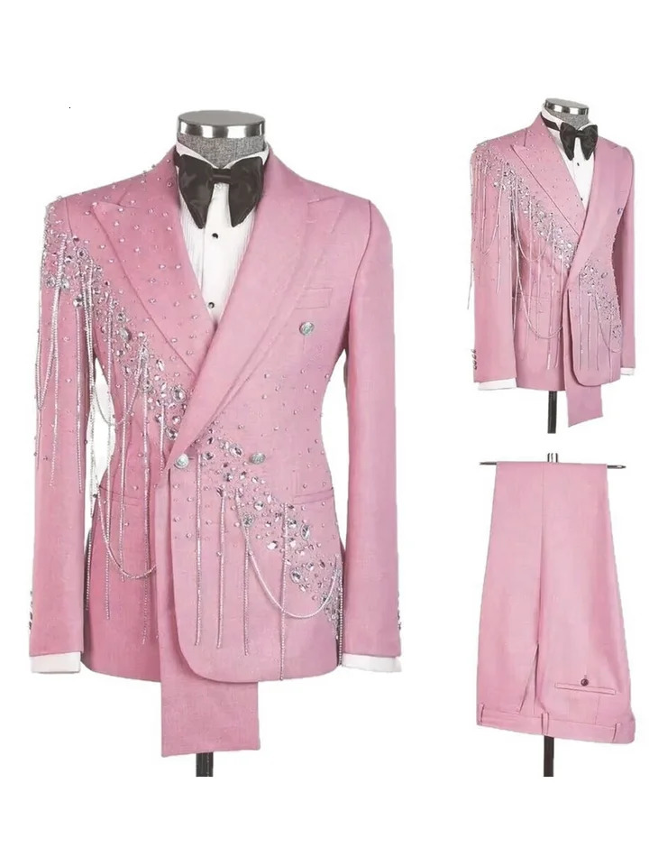 Modern Men Wedding Suits ed Lapel Single Breasted Tuxedos Crystal Chain Groom Party 2 Pcs Blazer Pants Customized Suit 260106