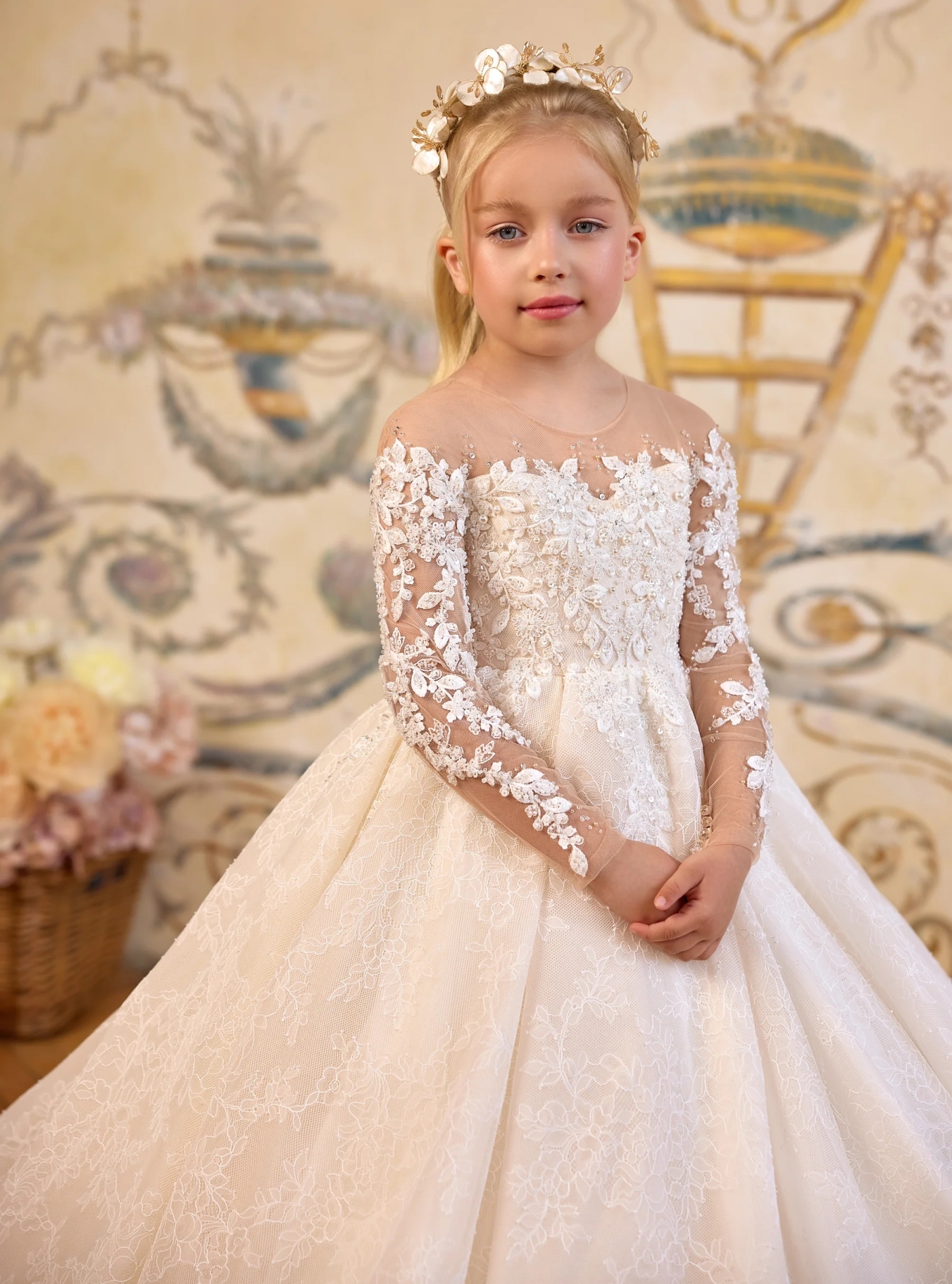 vestidos de primera comunion 2026 Illusion Sleeves pentelei Ivory Lace Baby Kid Christening First Communion Dress for Little Girls Long Flower Girl Go
