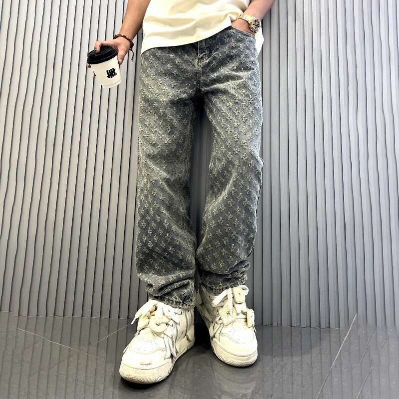2025 Jacquard Full Print High Street Trendy Brand INS Design Sense Jeans Loose Straight Washed Wide Leg Long Pants