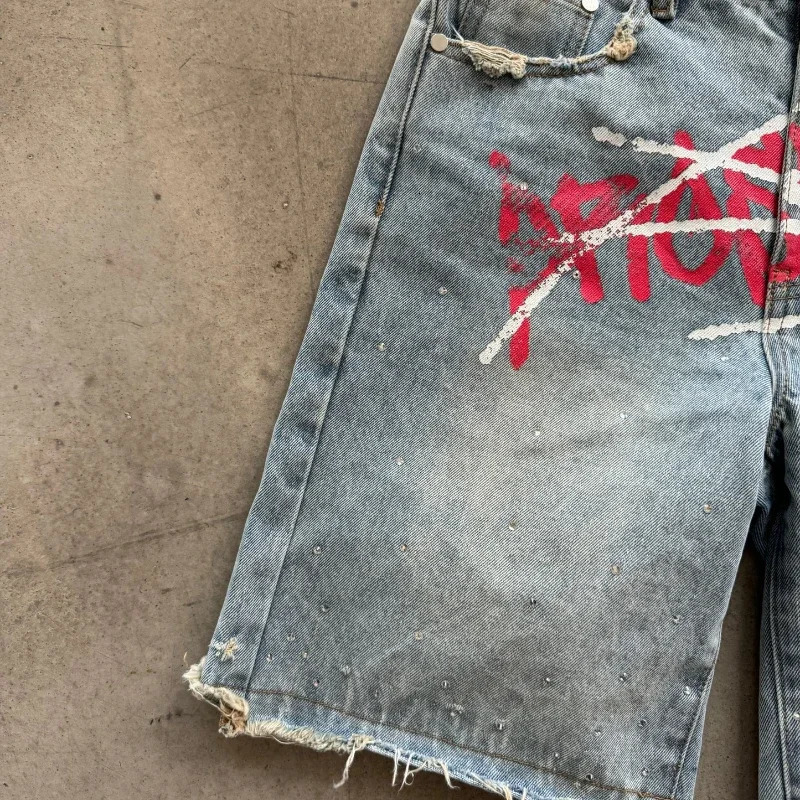 Jorts Rhinestone Y2K Graffiti Distressed Printed Denim Shorts Men Women Trend Retro Hip Hop Streetwear Unisex Baggy Short Pants 260106CJ