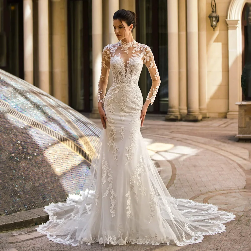Romantic Mermaid Church Wedding Dress 2026 High Neck Buttons Appliques Lace Tulle Long Sleeve Bride Bridal Gowns Vestidos De Novial