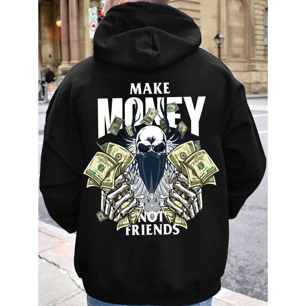 Men's autumn winter casual warm and loose make money not friends print long sleeved kangaroo pocket hooded sweatshirt XJ260107