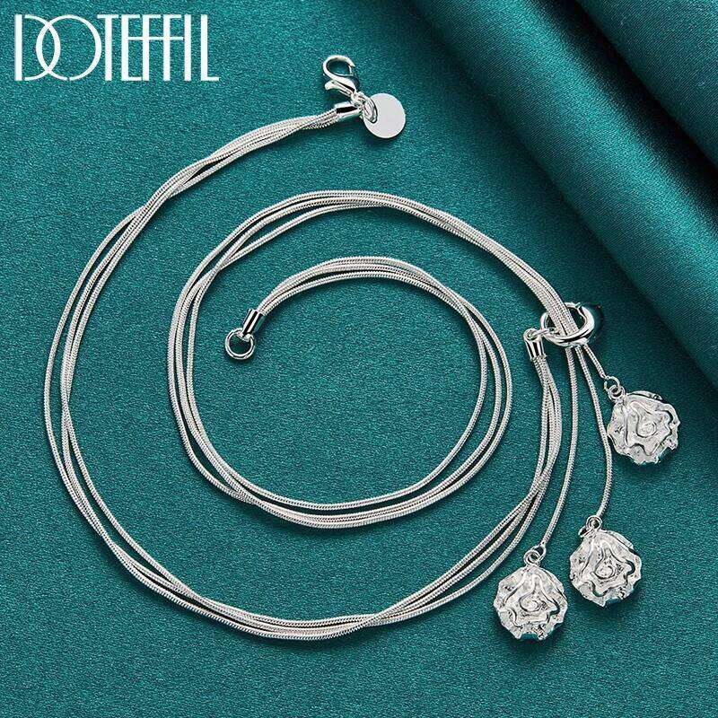DOTEFFIL 925 Sterling Silver Three Rose Flowers Snake Chain Necklace For Women Charm Wedding Engagement Party Fashion Jewelry