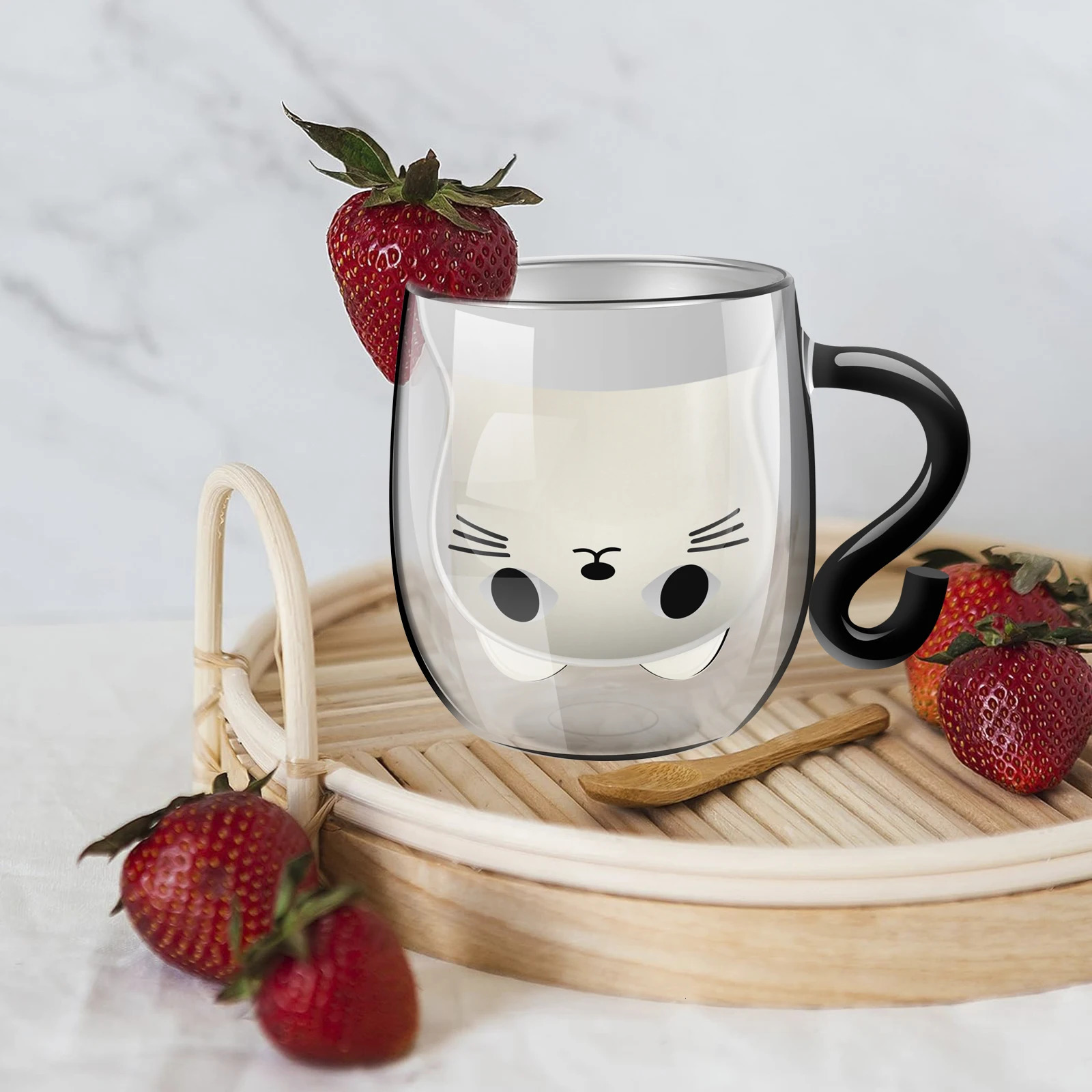 Transparent Double Walls Glass Mug Cute Coffee Cat Mug with Handle Animal Milk Glass Cute Birthday Christmas Gift 260106