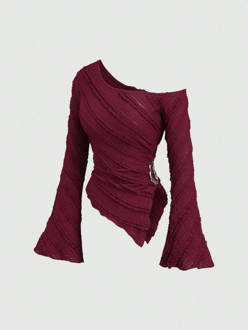 Women's Blouses Casual Textured Fabric Asymmetric Hem Flared Sleeves Blouse Commute Side Metal Decor One Shoulder Tops Spring/Fall 2026
