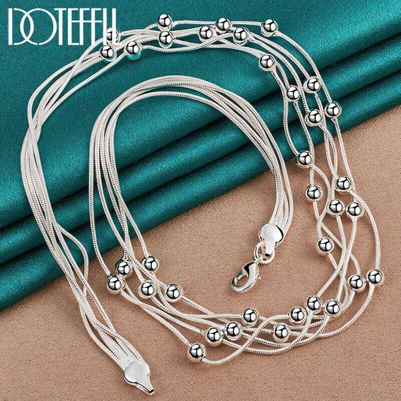 DOTEFFIL 925 Sterling Silver Multi Snake Chain Smooth Beads Necklace For Women Man Fashion Wedding Party Charm Jewelry