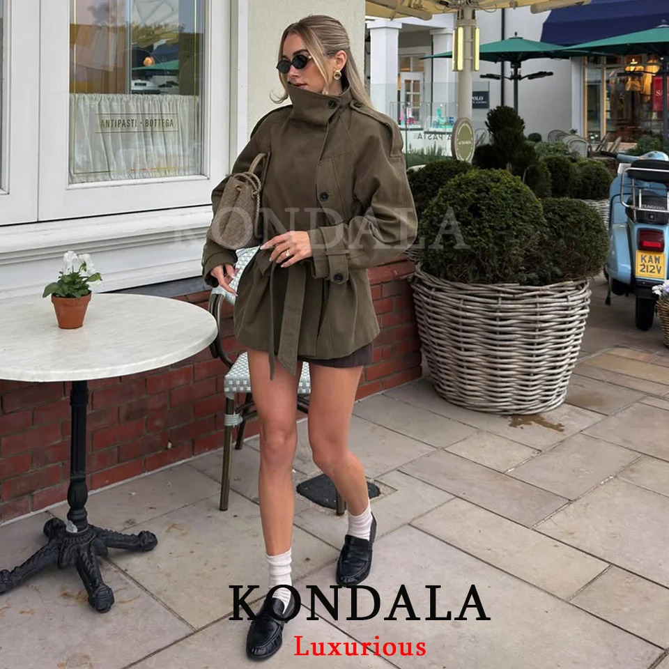 KONDALA Casual ArmyGreen Loose Trench Jacket Long Sleeve Pockets Sashes Coats Fashion 2025 Autumn Winter Outwears 260106