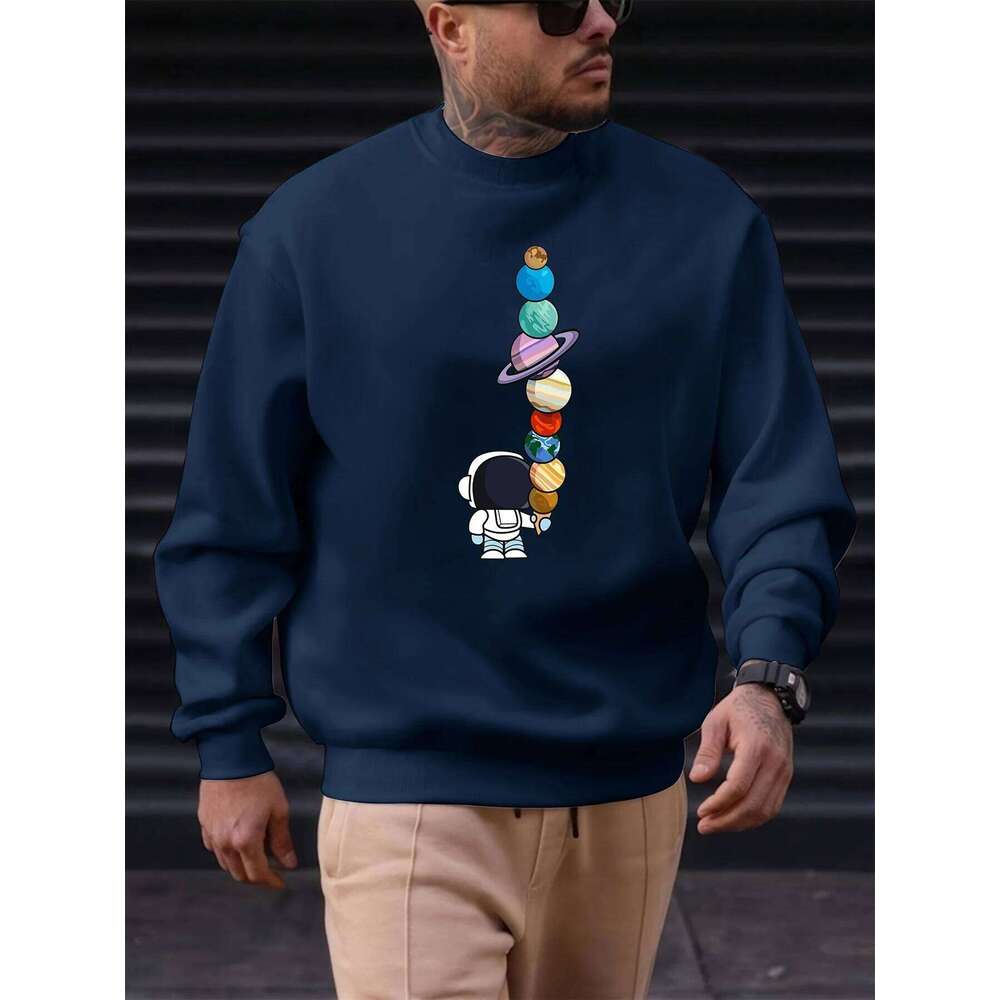 Men's autumn and winter fashionable casual loose astronaut planet graphic fleece long sleeved round neck sweatshirt X260107