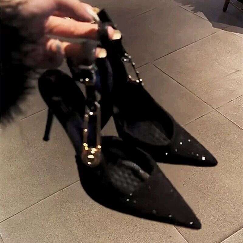 Black Pointed Toe Women 2026 Spring 9cm Heels Design Comfortable for Long Standing Thin Heel slingback Shoes