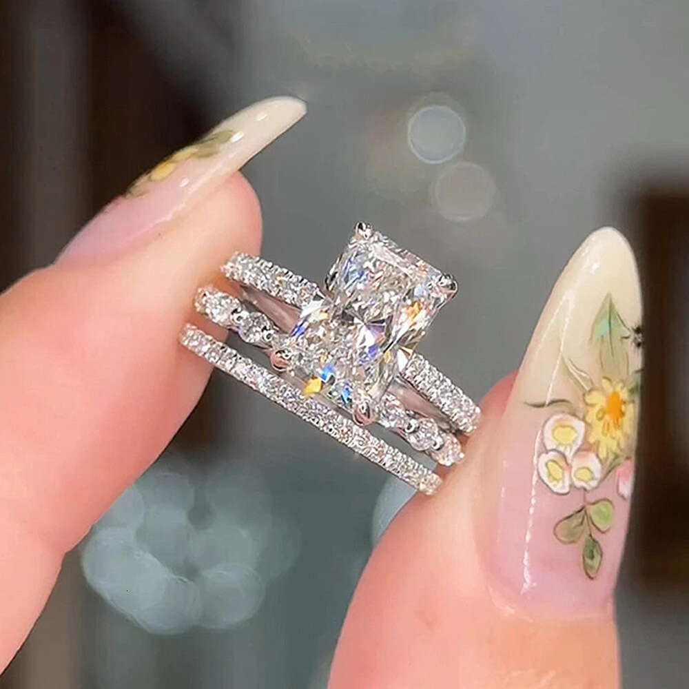 S925 Sterling Silver Super Sparkling Ice Flower Cut Zircon European And American Cross-Border High-Quality Light Luxury Ins Style Ring Set