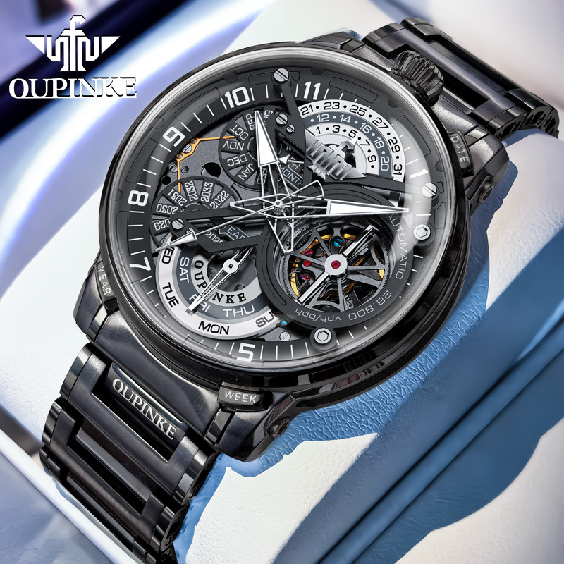 Oppink skeleton large dial automatic mechanical watch multifunctional business waterproof luminous men watch