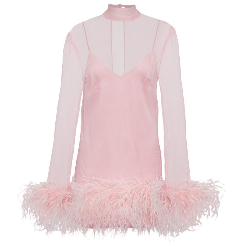 Basic Casual Dresses TRAF For Women 2023 Summer Woven Mini Dress Semi Sheer Feather Long Sleeve Short Party Evening Celebrity 231101