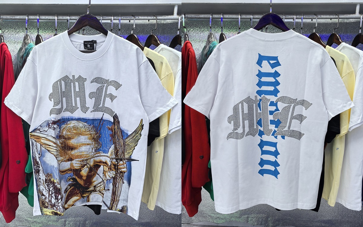 Men's T Shirts MIXED EMOTION T Shirt High Quality Little Angel Pattern Printed Rhinestone Short-sleeved Shirt Patchwork Men Women Hip-hop Ripped 