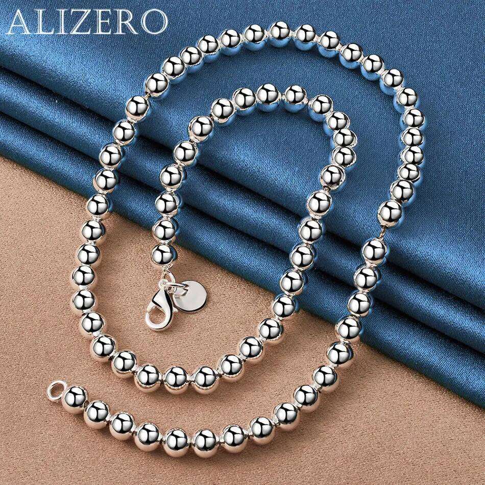 ALIZERO 925 Sterling Silver Smooth 6mm Beads Chain Necklace Wedding Party Fashion Accessories Men Women Girl Jewelry