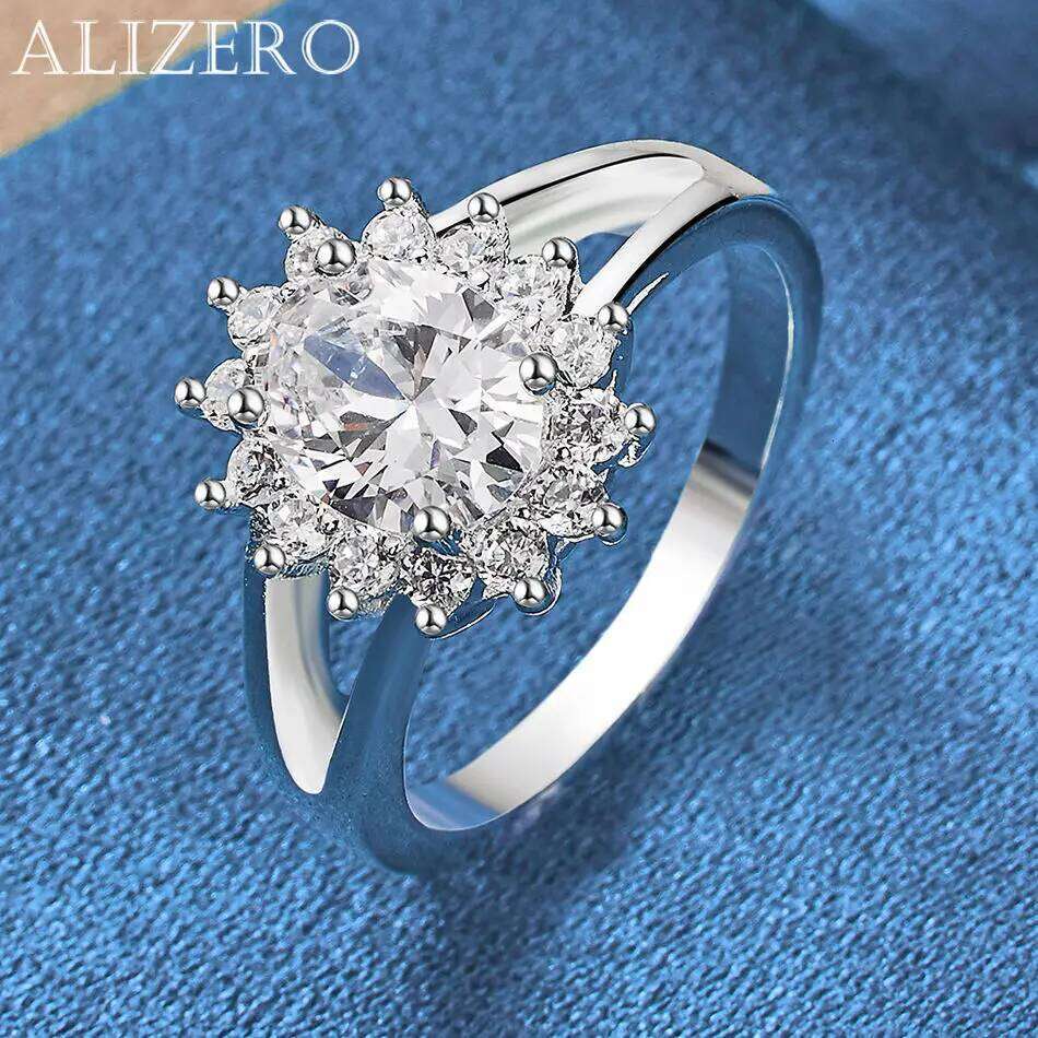 ALIZERO 925 Sterling Silver Flower Shiny Zirconia Ring For Women Wedding Engagement Gifts Fashion Party Charm Jewelry