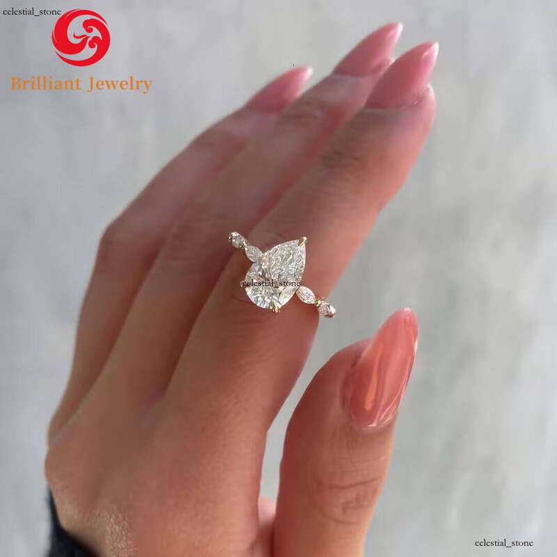 Solid 14K 18K Gold Mossanite Engagement Wedding Ring 7x 9mm 3CT VVS1 Pear Moissanite Factory Price