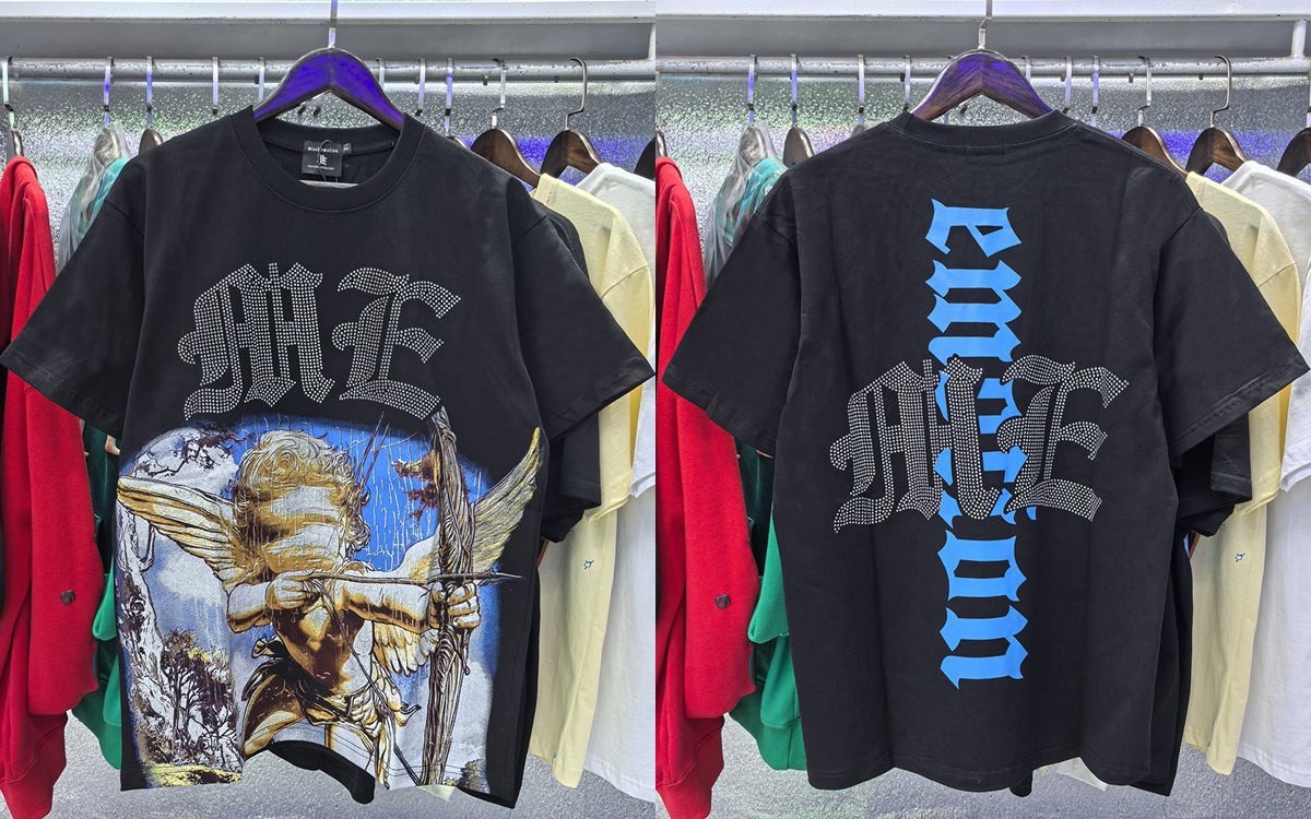 Men's T Shirts MIXED EMOTION T Shirt High Quality Little Angel Pattern Printed Rhinestone Short-sleeved Shirt Patchwork Men Women Hip-hop Ripped 