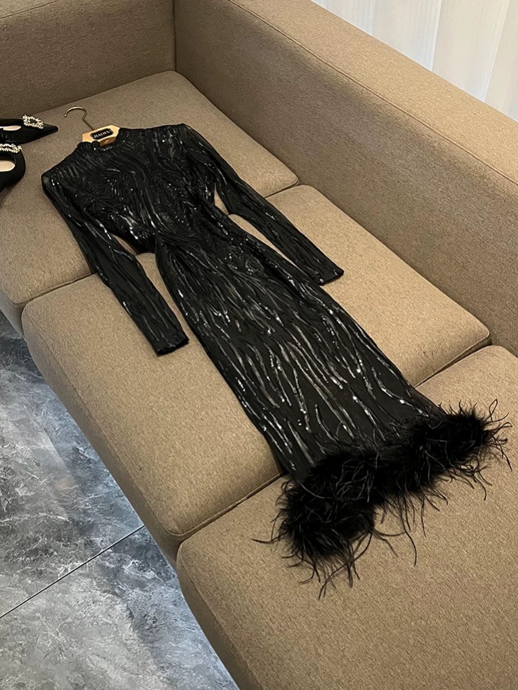 2026 Spring Black Pure Color Panelled Feather Dress Long Sleeve Stand Neck Sequins Midi Casual Dresses Z6J050239 Check Size Chart Please