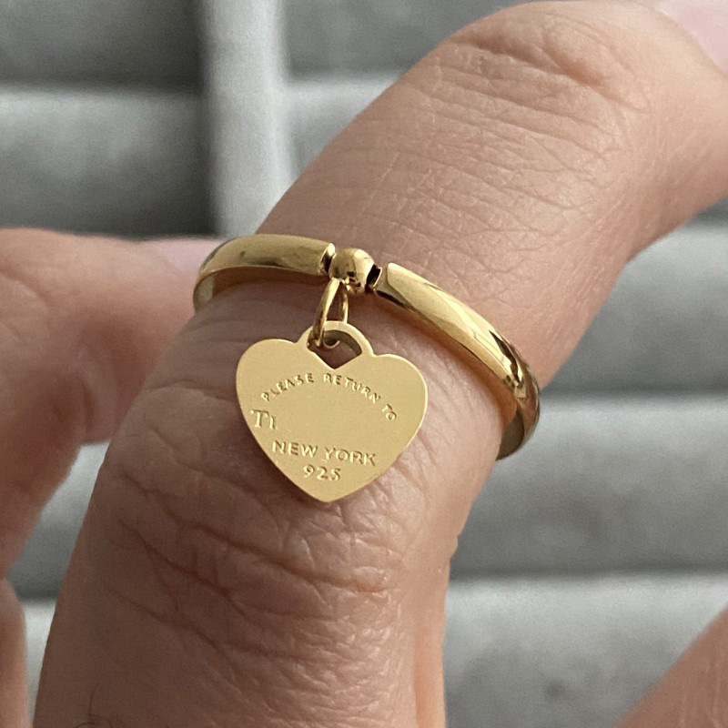 Gold Color Luxury Designer Ring Real Picture Simple Heart Pendant Classic Ring T Letter Thin Fashion Rings For Women Lady Wholesale