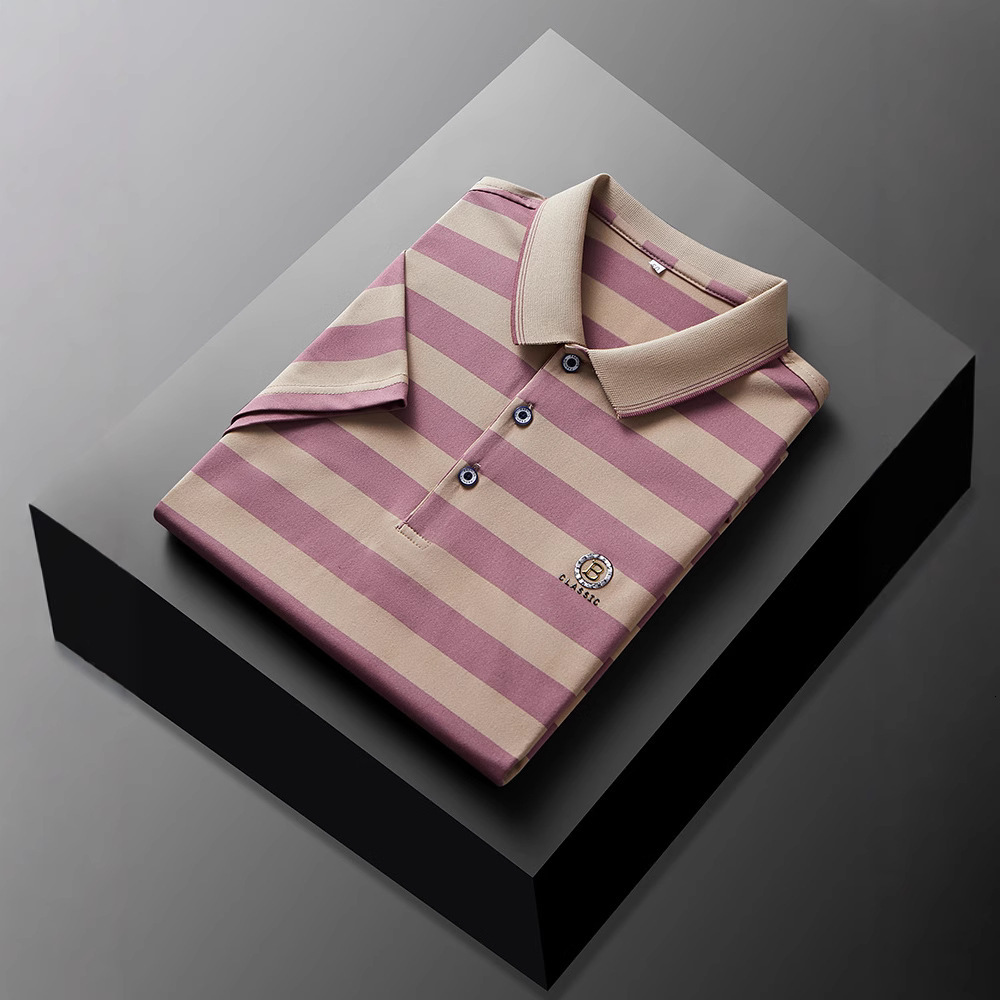 2026 New Design Summer Short-sleeved Collarless T-shirt - Tight Men's Ribbed Collar Half-sleeve Dad's Style T-shirt - Elastic Striped Polo S