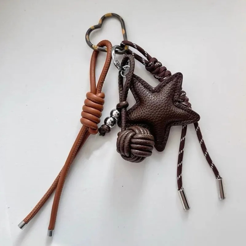 Leather Star Keychain Pentagram Car Keyring with Woven PU Leather Rope Ball Pendant Creative Bag Charms 260104 - view 3