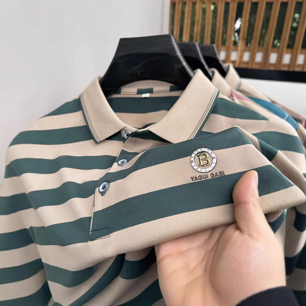 2026 New Design Summer Short-sleeved Collarless T-shirt - Tight Men's Ribbed Collar Half-sleeve Dad's Style T-shirt - Elastic Striped Polo S