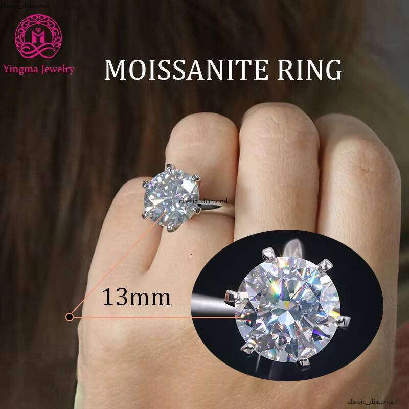 Large Size 13mm Round Brilliant Cut VVS Moissanite Custom 925 Sterling Silver 8 CT Carbon Silicon Stone Ring Gift