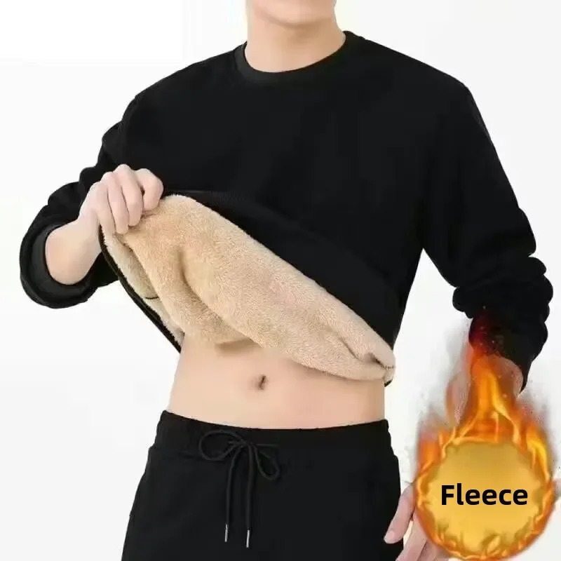 Winter Men Lamb Fleece Sweatshirt Solid Color Warm Round Neck Long Sleeve Thermal Underwear Top Velvet Thicken 251225