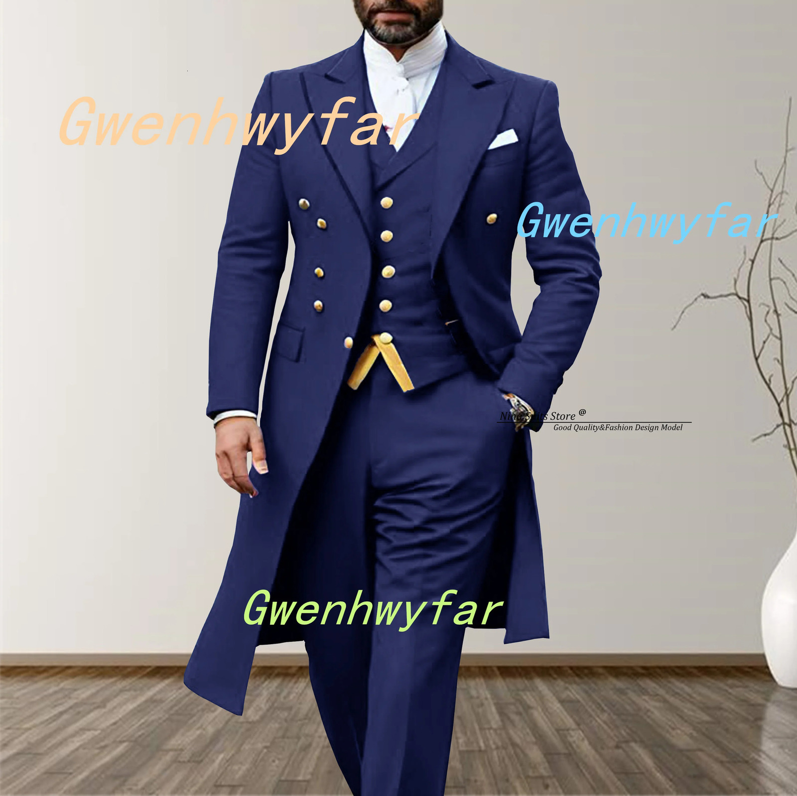 Gwenhwyfar 2025 Elegant Long Mens Suits 3piece set of Turquoise Wedding Costume with Golden Stitching Vest Casual Pants 260106 - view 3