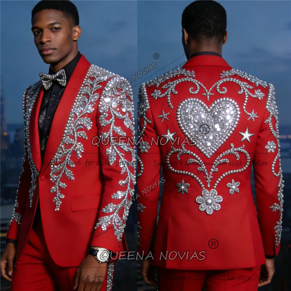 Exclusive Sliver Pearls Beaded Suit Men Slim Fit Single Breasted Jacket Pants 2 Piece Groom Banquet Tuxedos trajes para hombre 260106