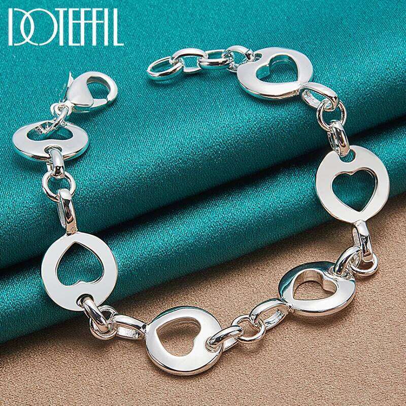 DOTEFFIL 925 Sterling Silver Full Heart Six Round Chain Bracelet For Women Wedding Engagement Fashion Jewelry