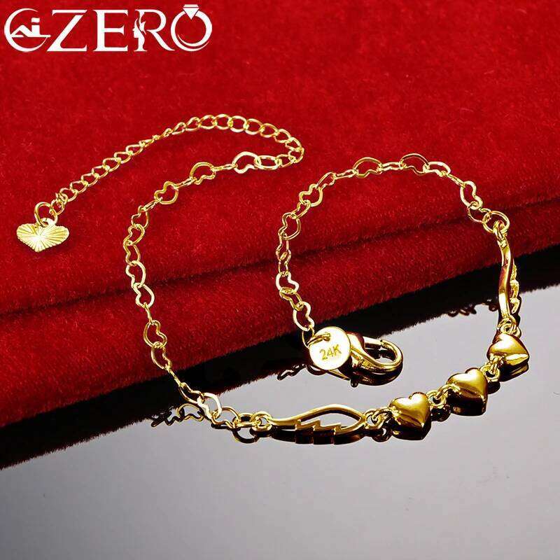 ALIZERO 18K Gold Bracelet 925 Sterling Silver Angel Wings Three Heart Chain Bracelets For Women Fashion Party Wedding Jewelry