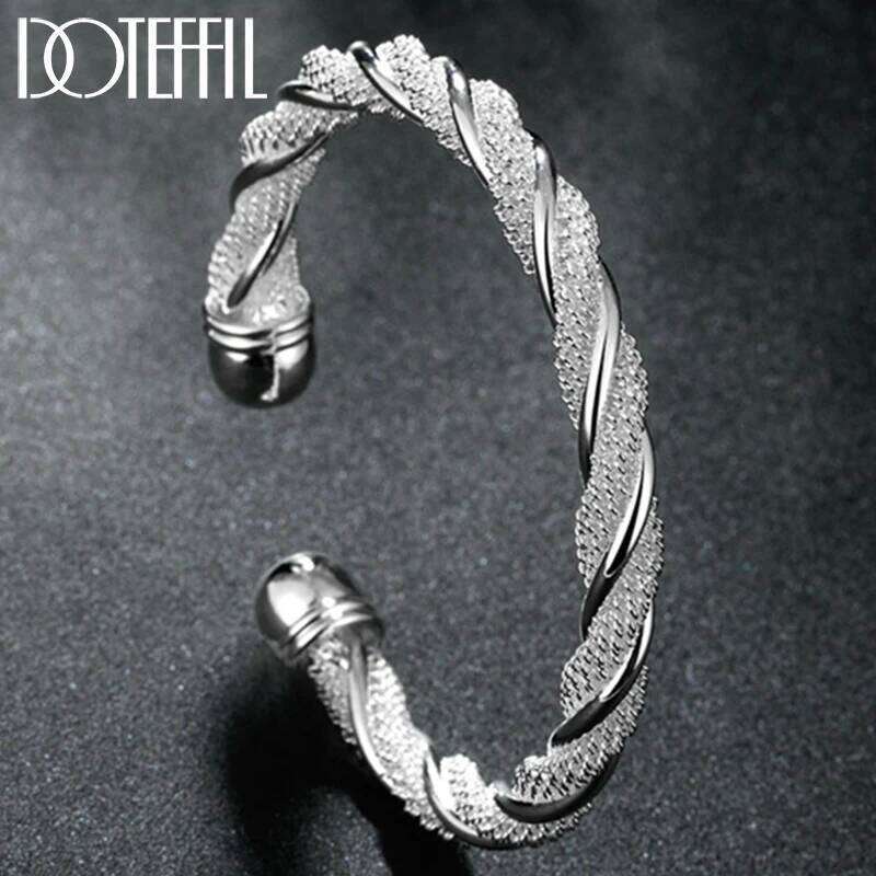DOTEFFIL 925 Silver Sterling Mesh Wide Braided Bangle Wristband Bracelet For Women Man Bijoux Punk Jewelry