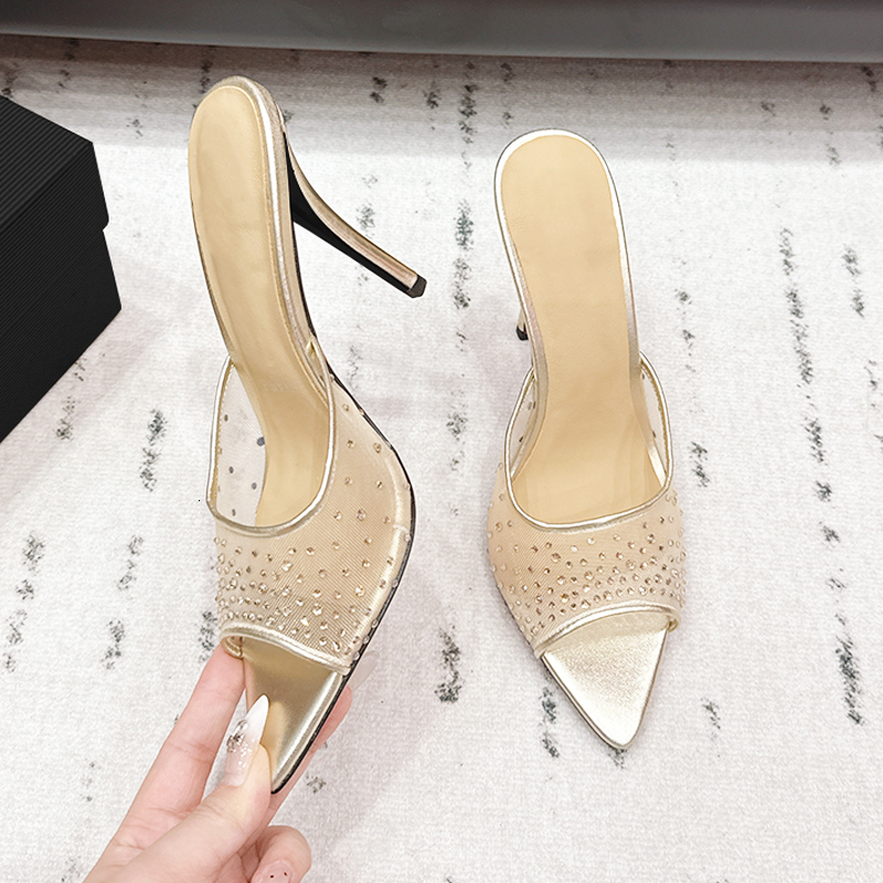Mirror Quality Mesh Sandals NEW Designer Crystal Shoes Classic Bottom High Heels Slippers Sexy Pointed Toe Women Dress Shoes Fashion Sandale Slides 1030