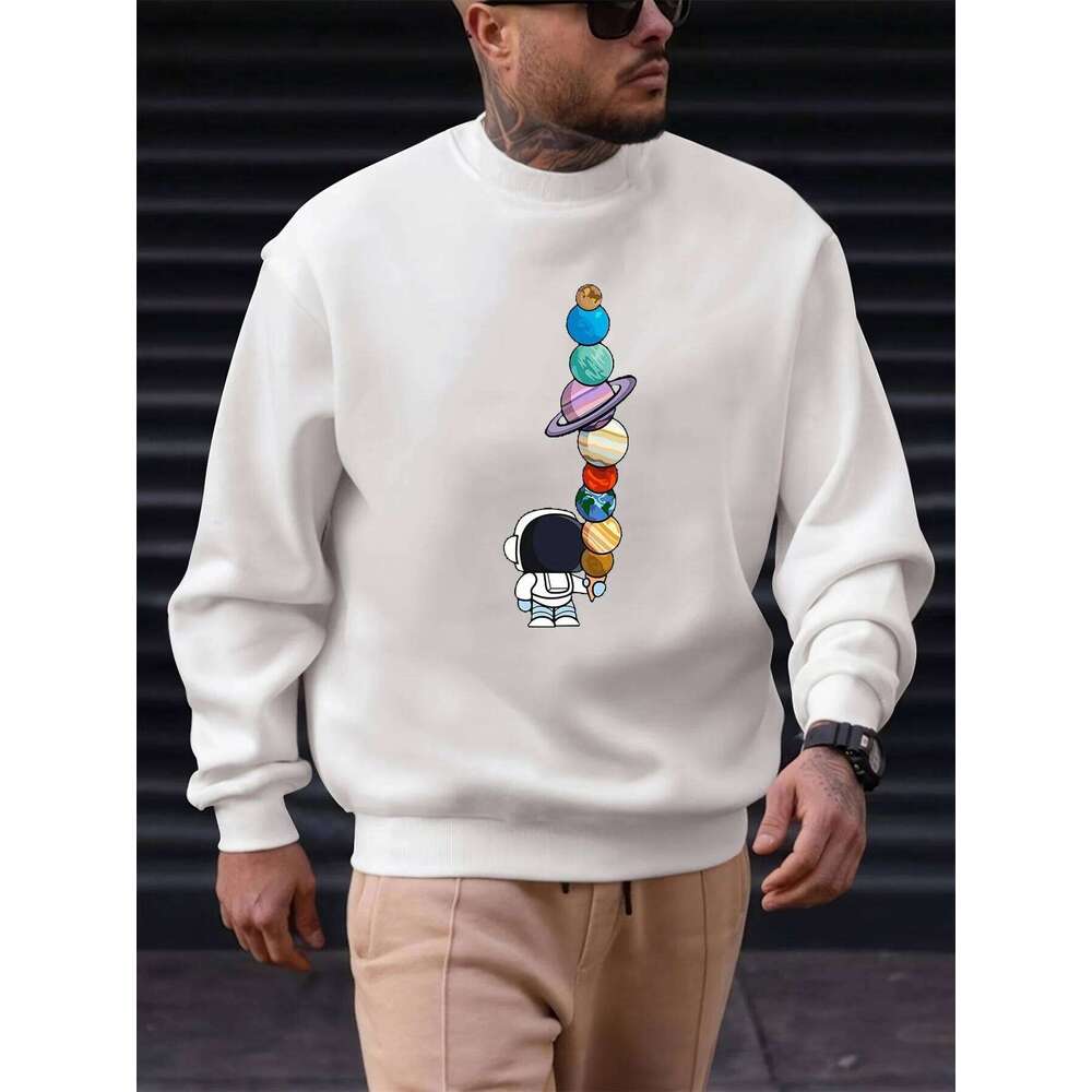 Men's autumn and winter fashionable casual loose astronaut planet graphic fleece long sleeved round neck sweatshirt X260107