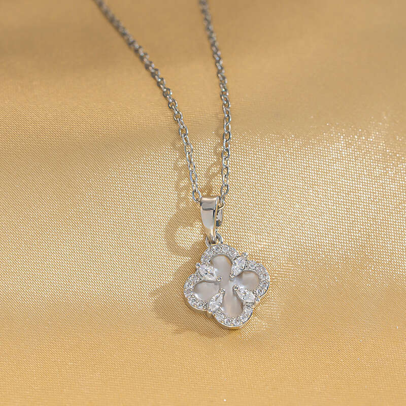 Real Gold Plated Four-Leaf Clover Necklace Women's Earrings Bracelet Jewelry Set Inlaid With Natural Shell Full Diamond Light Luxury Accessories