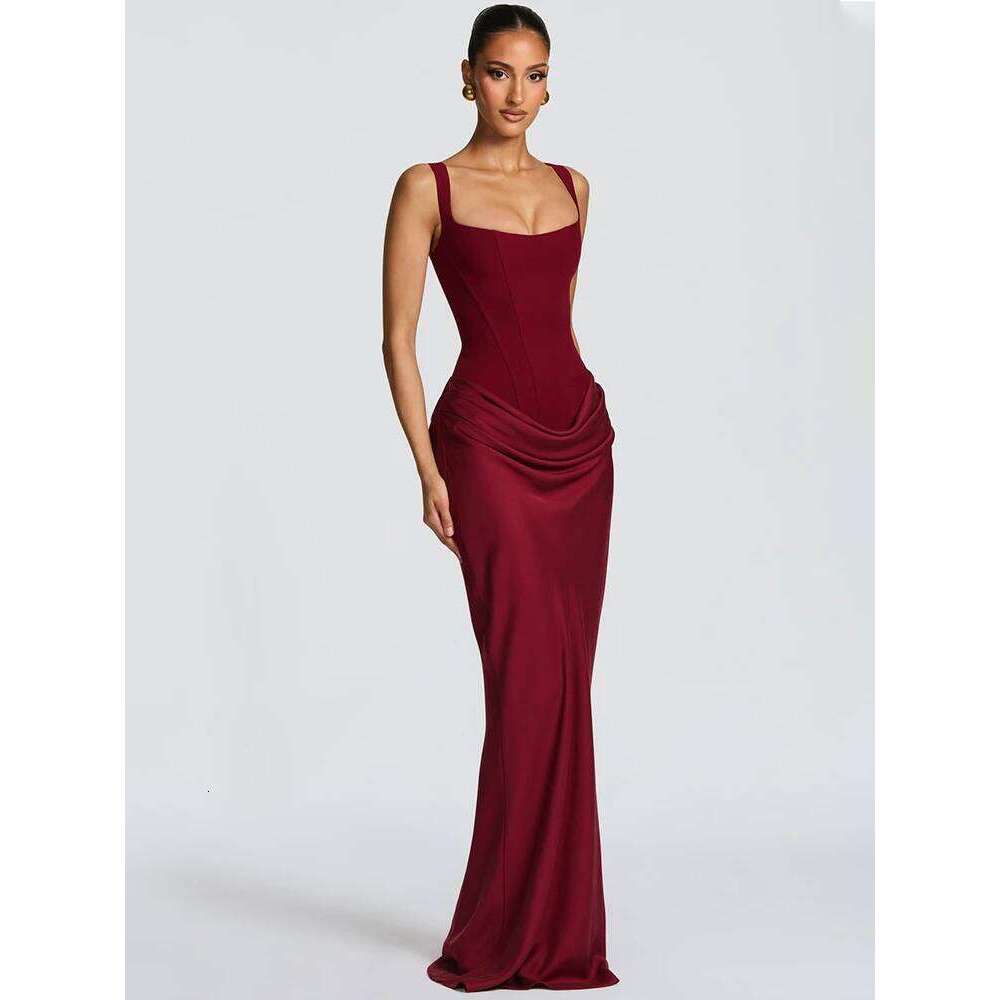 Mozision Elegant Backless Sexy Maxi Dress Women Gown Fashion Square Collar Sleeveless Skinny Ruched Club Party Long Dresses