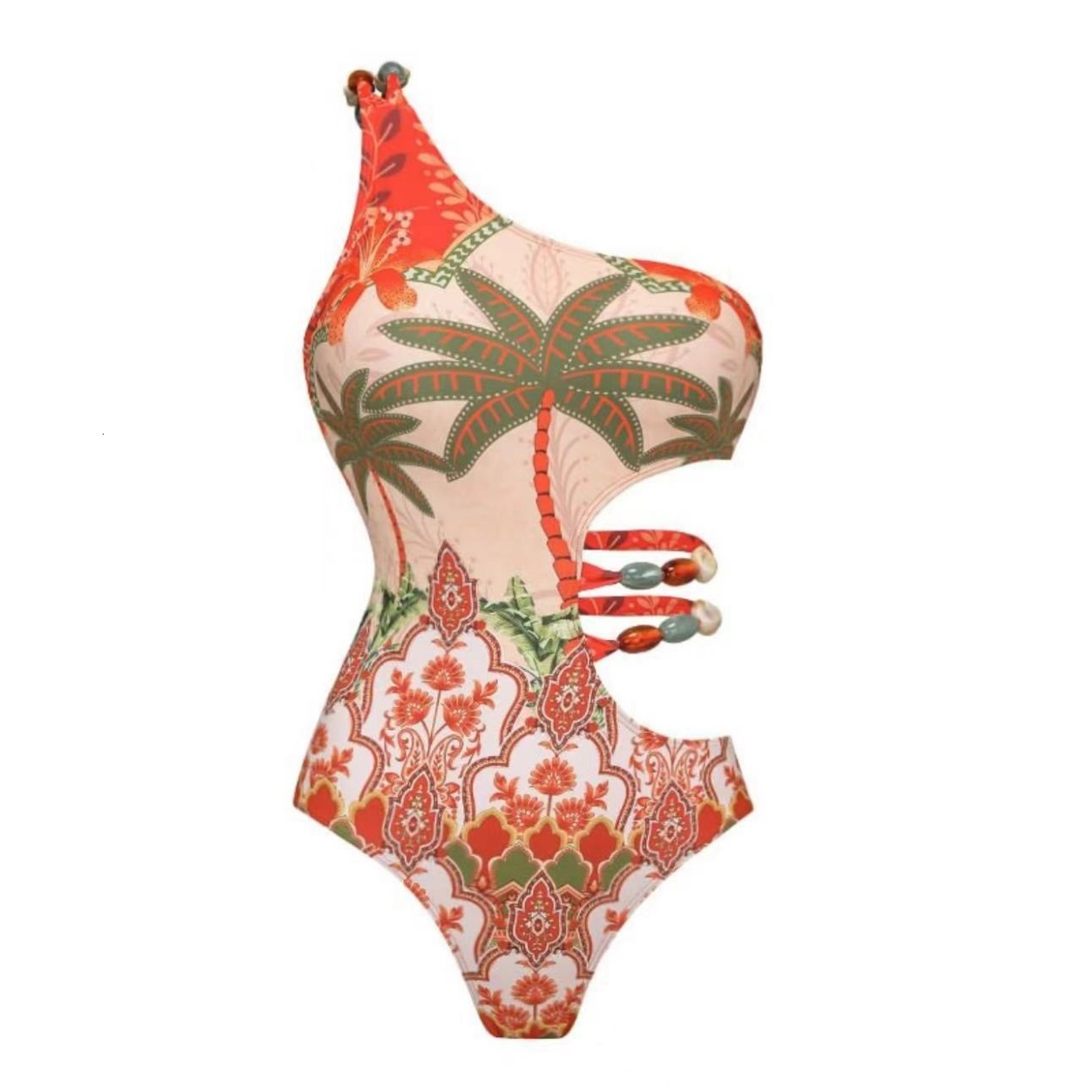Coconut Tree Sexy Bikini One-Piece Swimsuit for Women One-Shoulder Backless Set Beachwear Push-Up Conservative Tummy Covering