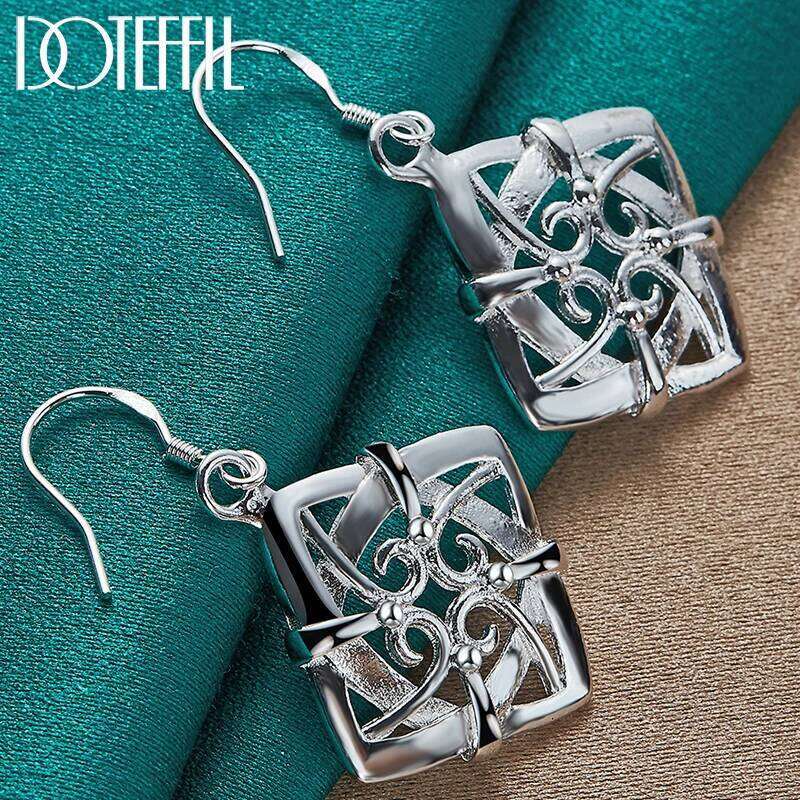 DOTEFFIL 925 Sterling Silver Square Geometric Drop Earring For Women Lady Wedding Engagement Party Fashion Jewelry