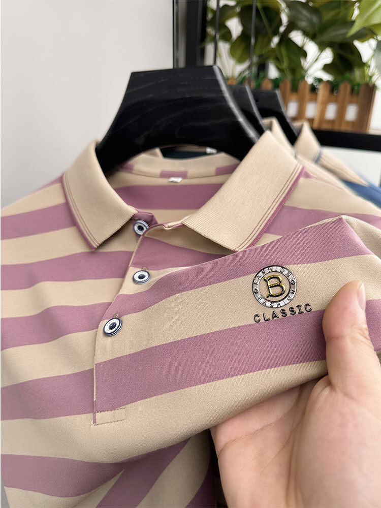 Designer Clothes Off-Site Summer New Men's Short Sleeve T-Shirt Turn-Down Collar Striped Luxury Brand Loose Half Sleeve Middle-Aged POLO Shirt Ho